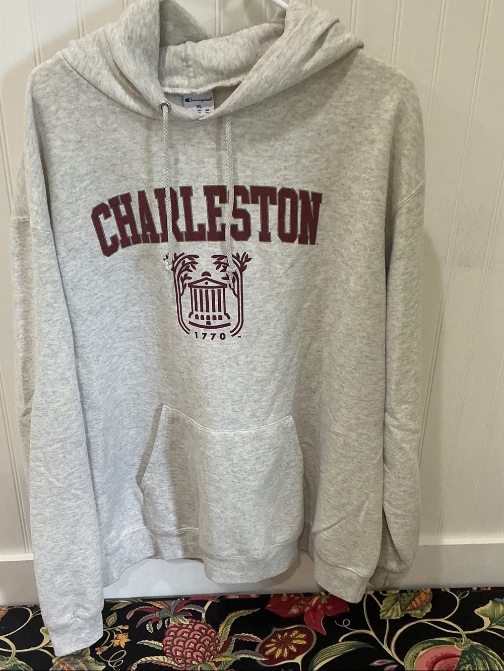 Champion Men’s Light Gray Crewneck Hoodie with Maroon Charleston Print
